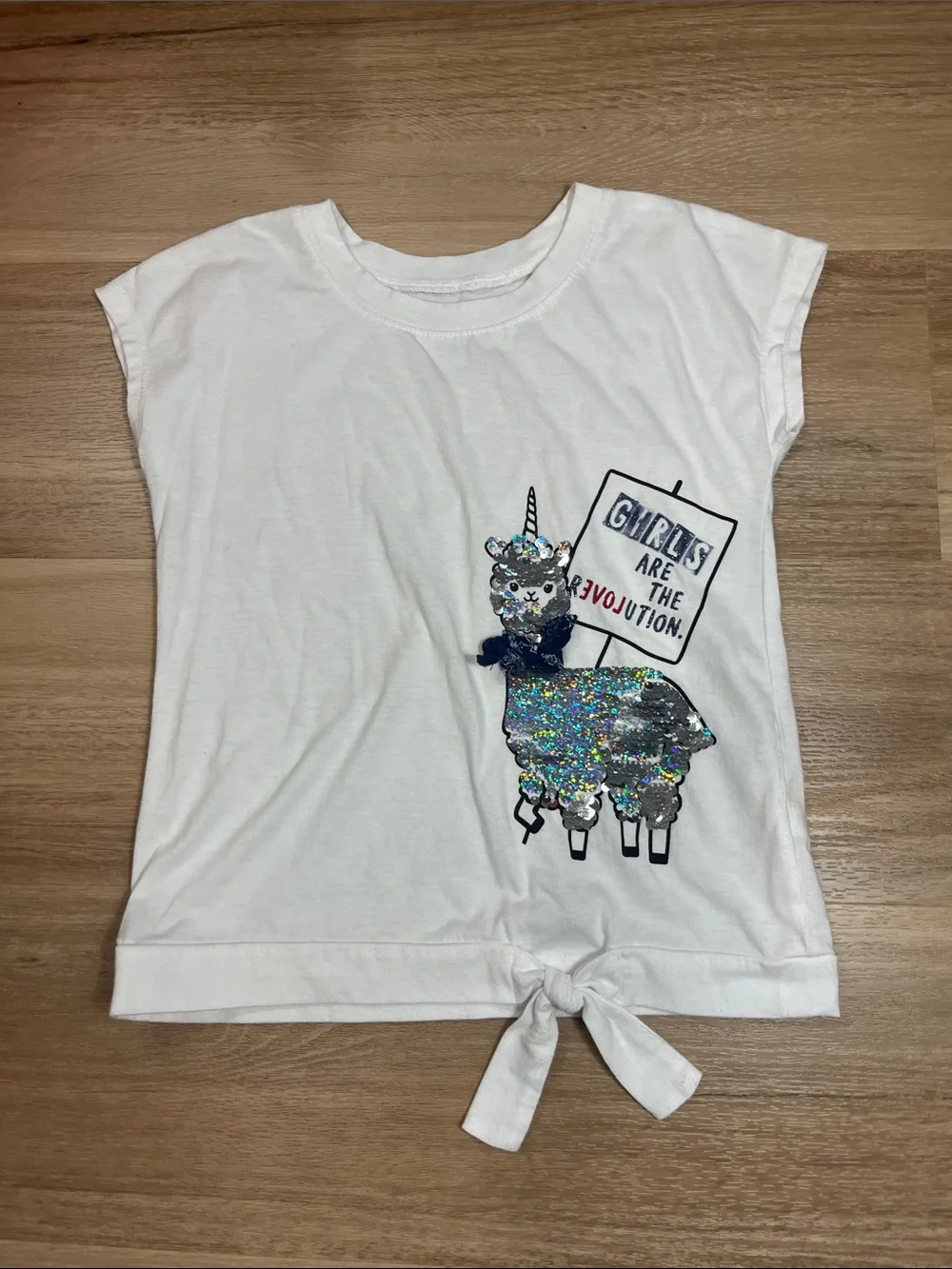 Justice Girls Revolution Flipping Sequin Llama Graphic Tie Hem T-Shirt Size 6/7